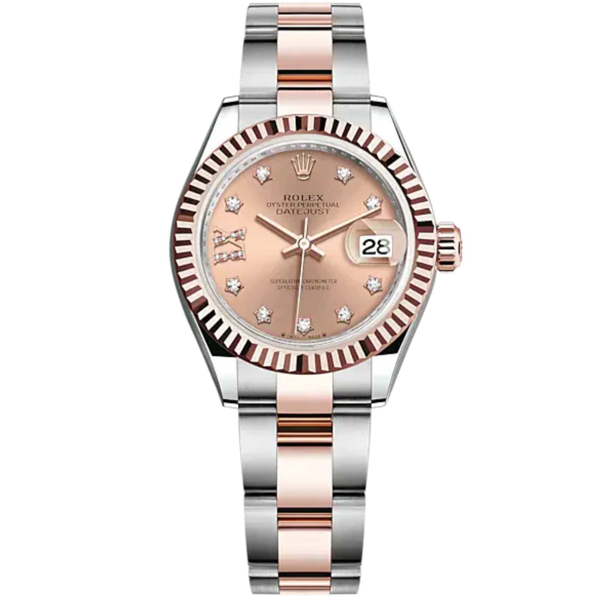 Lady-DateJust 28mm Oyster Oystersteel Bracelet and Everose Gold with Rosé-Colour Dial Diamond-Set Dial Fluted Bezel - Rolex