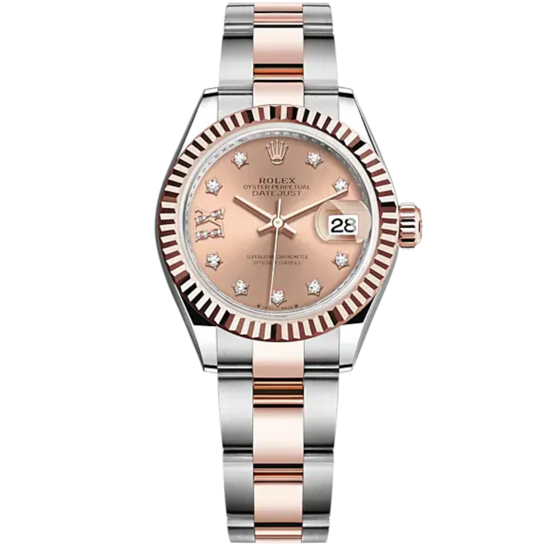 Lady-DateJust 28mm Oyster Oystersteel Bracelet and Everose Gold with Rosé-Colour Dial Diamond-Set Dial Fluted Bezel - Rolex