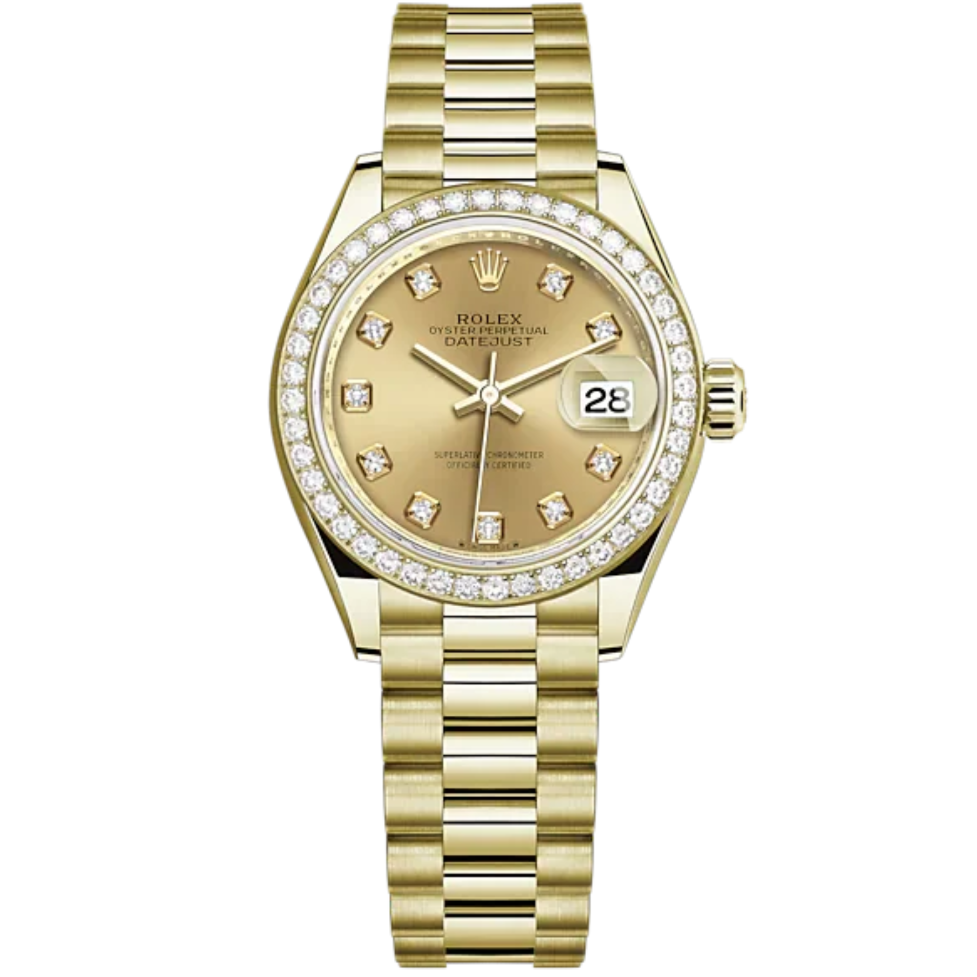 Lady-DateJust 28mm President Bracelet and 18 KT Yellow Gold with Champagne-Colour Diamond-Set Dial and Diamond-Set Bezel - Rolex