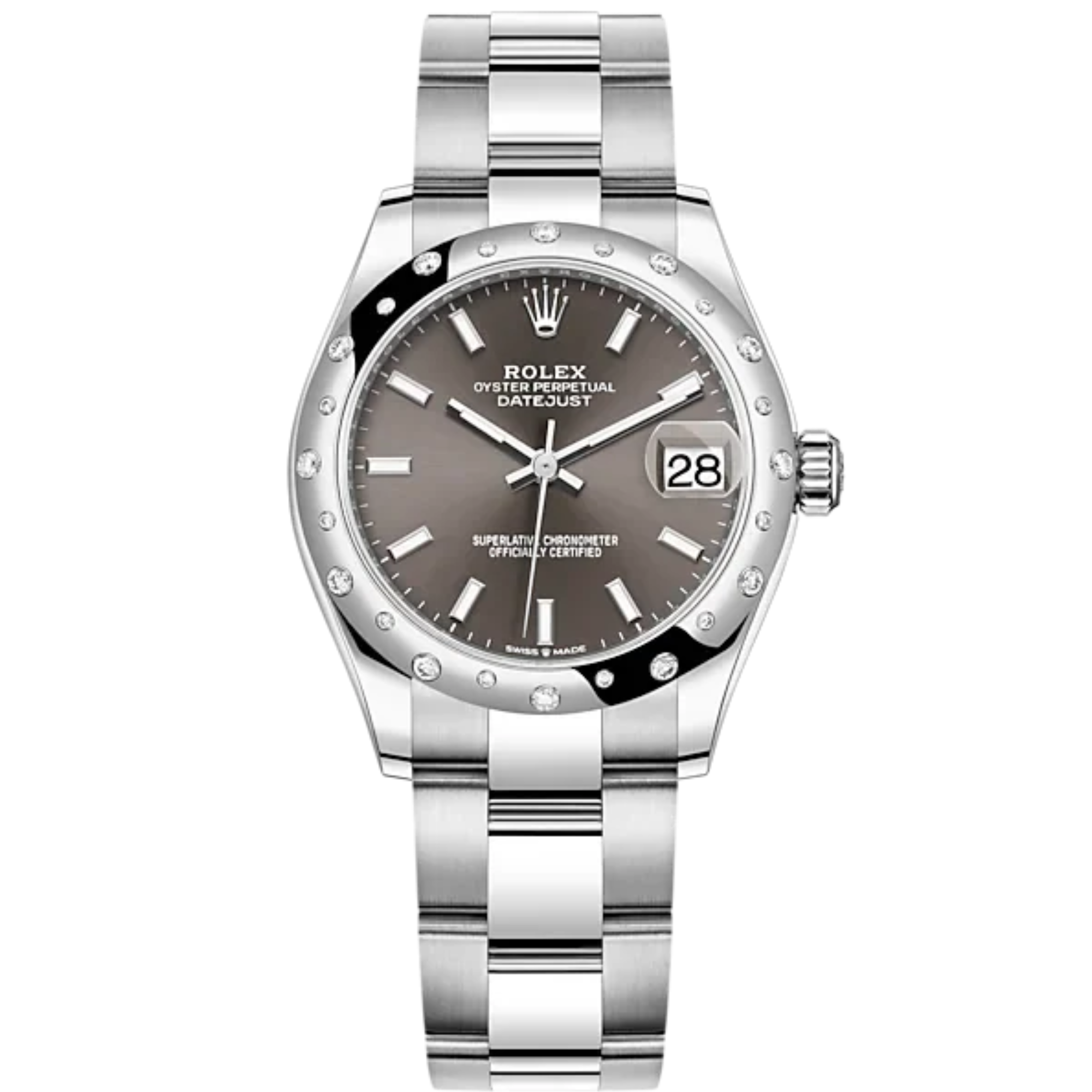 Datejust 31 31mm Oyster Bracelet Oystersteel and White Gold with Dark Grey Dial Diamond-Set Bezel - Rolex