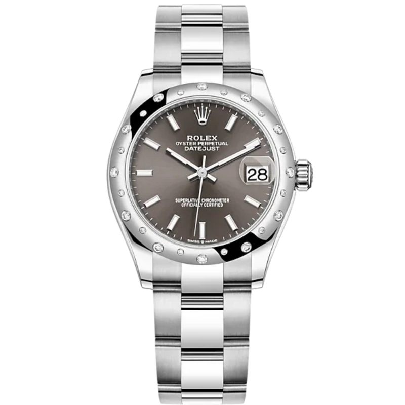 Datejust 31 31mm Oyster Bracelet Oystersteel and White Gold with Dark Grey Dial Diamond-Set Bezel - Rolex