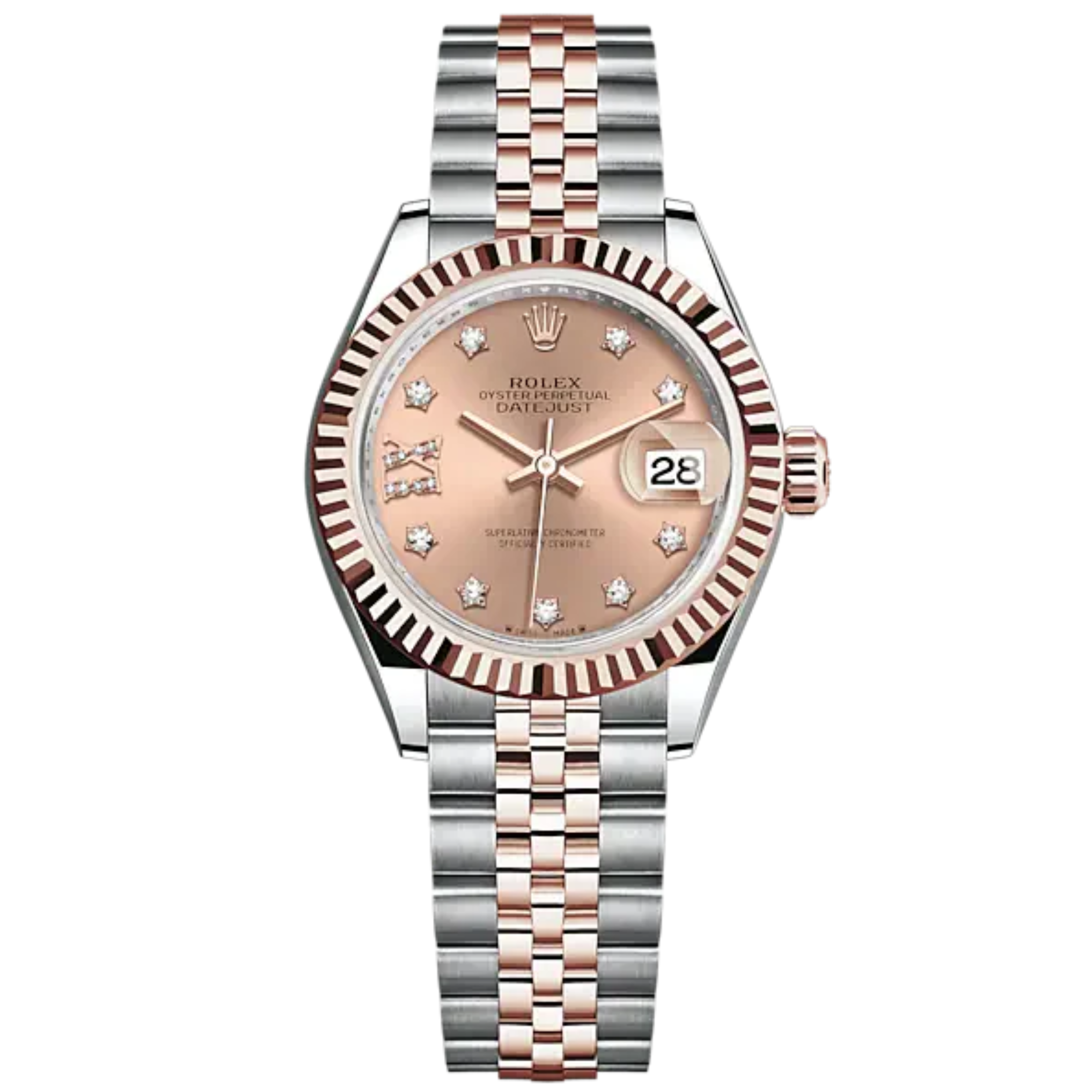 Lady-DateJust 28mm Oystersteel Jubilee Bracelet and Everose Gold with Rosé-Colour Dial Diamond-Set Dial Fluted Bezel - Rolex