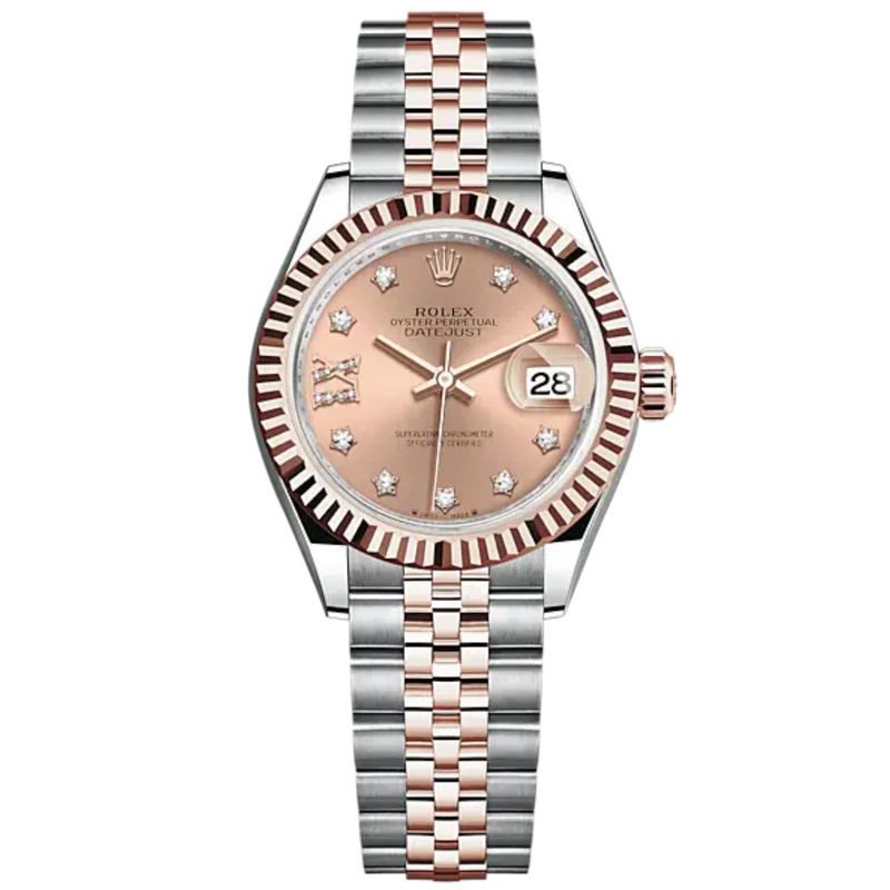 Lady-DateJust 28mm Oystersteel Jubilee Bracelet and Everose Gold with Rosé-Colour Dial Diamond-Set Dial Fluted Bezel - Rolex