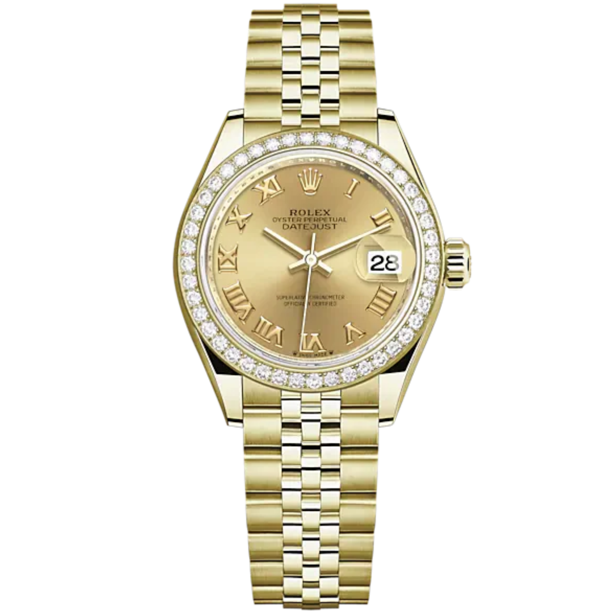Lady-DateJust 28mm Jubilee Bracelet and 18 KT Yellow Gold with Champagne-Colour Roman Dial Diamond-Set Bezel - Rolex