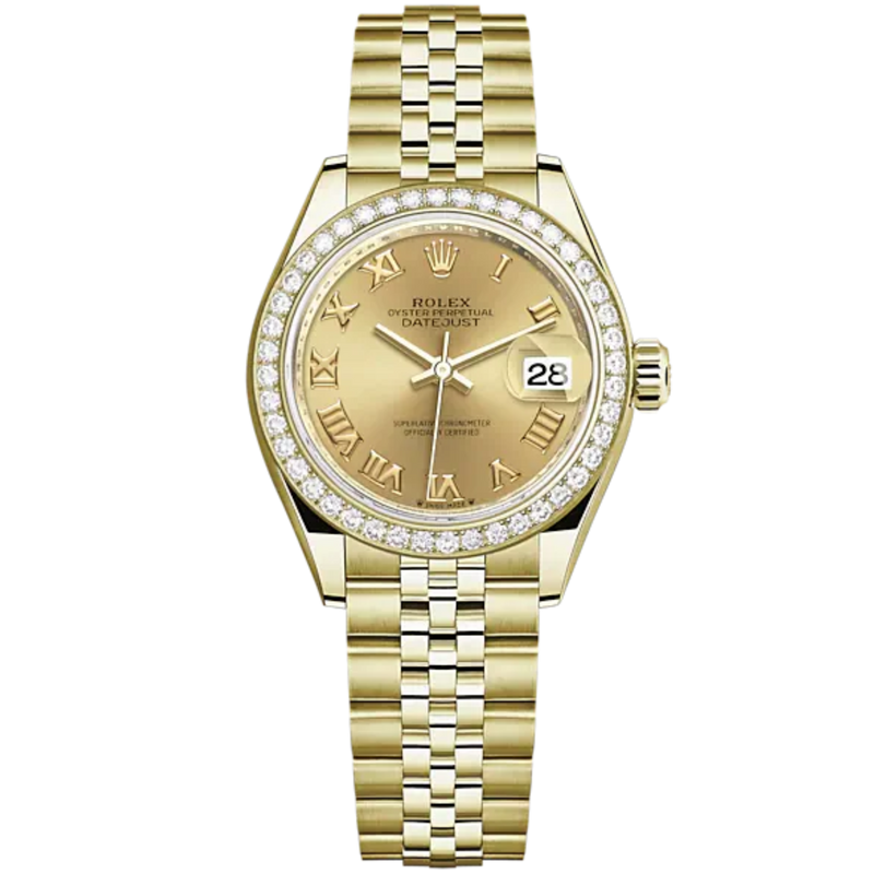 Lady-DateJust 28mm Jubilee Bracelet and 18 KT Yellow Gold with Champagne-Colour Roman Dial Diamond-Set Bezel - Rolex
