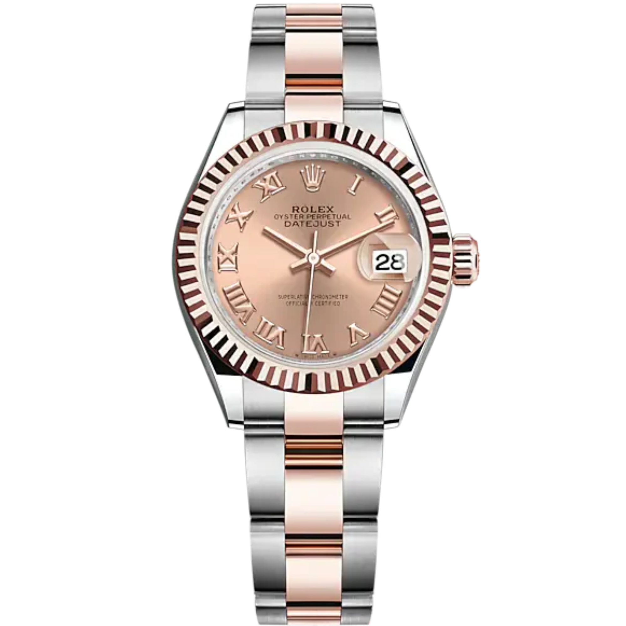 Lady-DateJust 28mm Oyster Oystersteel Bracelet and Everose Gold with Rosé-Colour Roman Dial Fluted Bezel - Rolex
