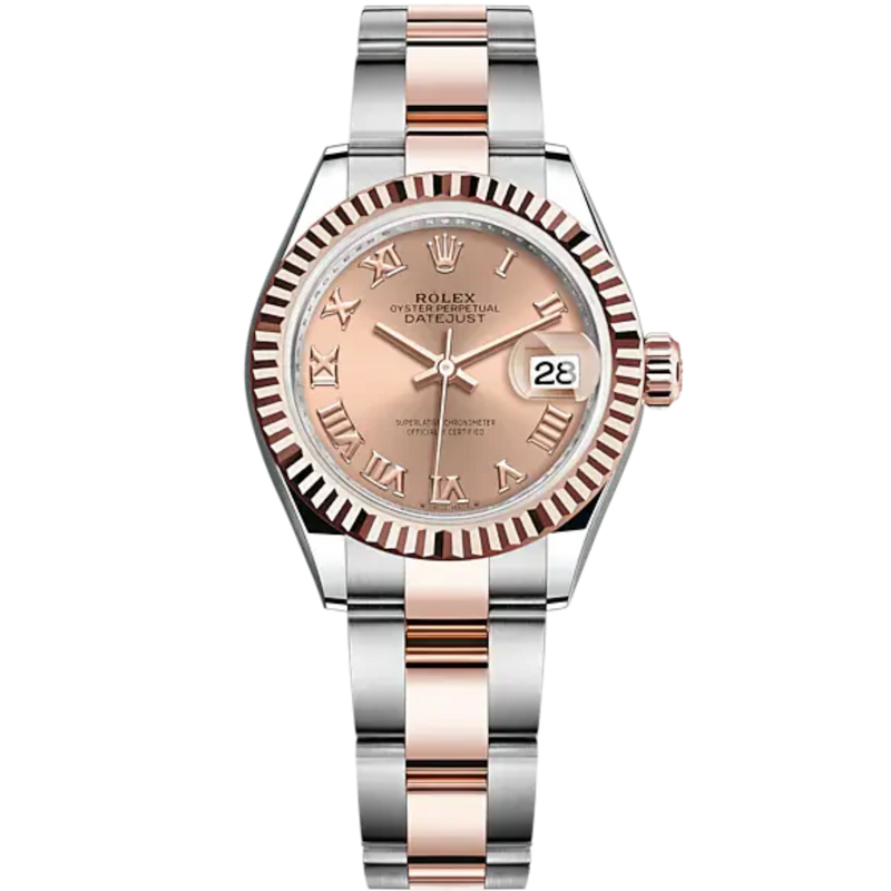 Lady-DateJust 28mm Oyster Oystersteel Bracelet and Everose Gold with Rosé-Colour Roman Dial Fluted Bezel - Rolex