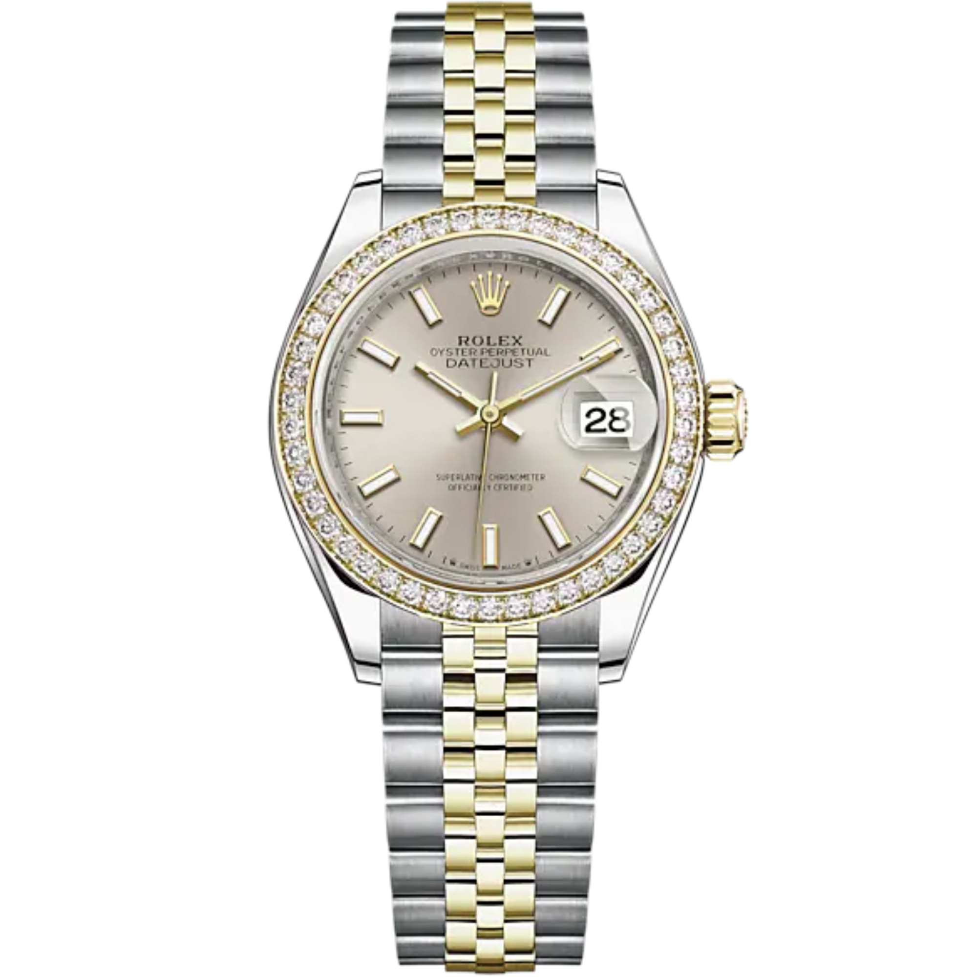 Lady-DateJust 28mm Oystersteel Jubilee Bracelet and Yellow Gold with Silver Dial Diamond-Set Bezel - Rolex