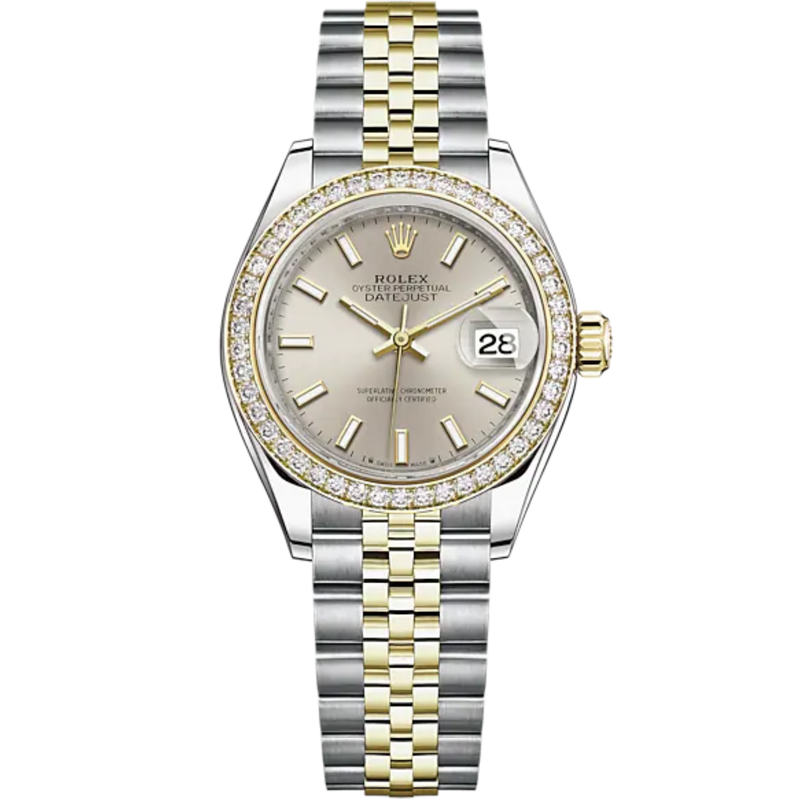 Lady-DateJust 28mm Oystersteel Jubilee Bracelet and Yellow Gold with Silver Dial Diamond-Set Bezel - Rolex