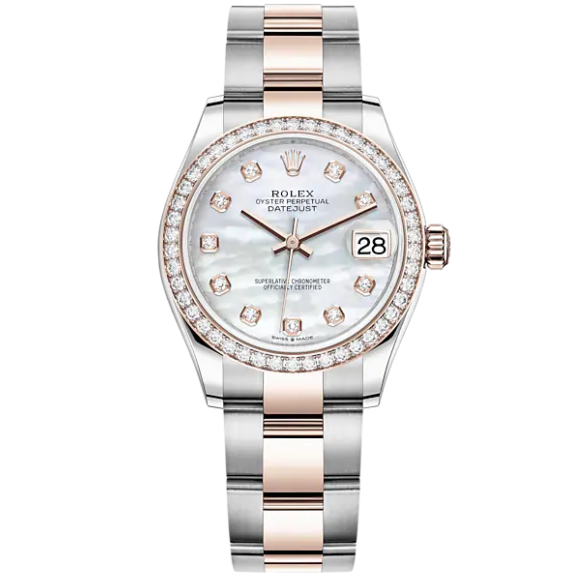 Datejust 31 31mm Oyster Bracelet Oystersteel and Everose Gold with White Mother-Of-Pearl Diamond-Set Dial Diamond-Set Bezel - Rolex