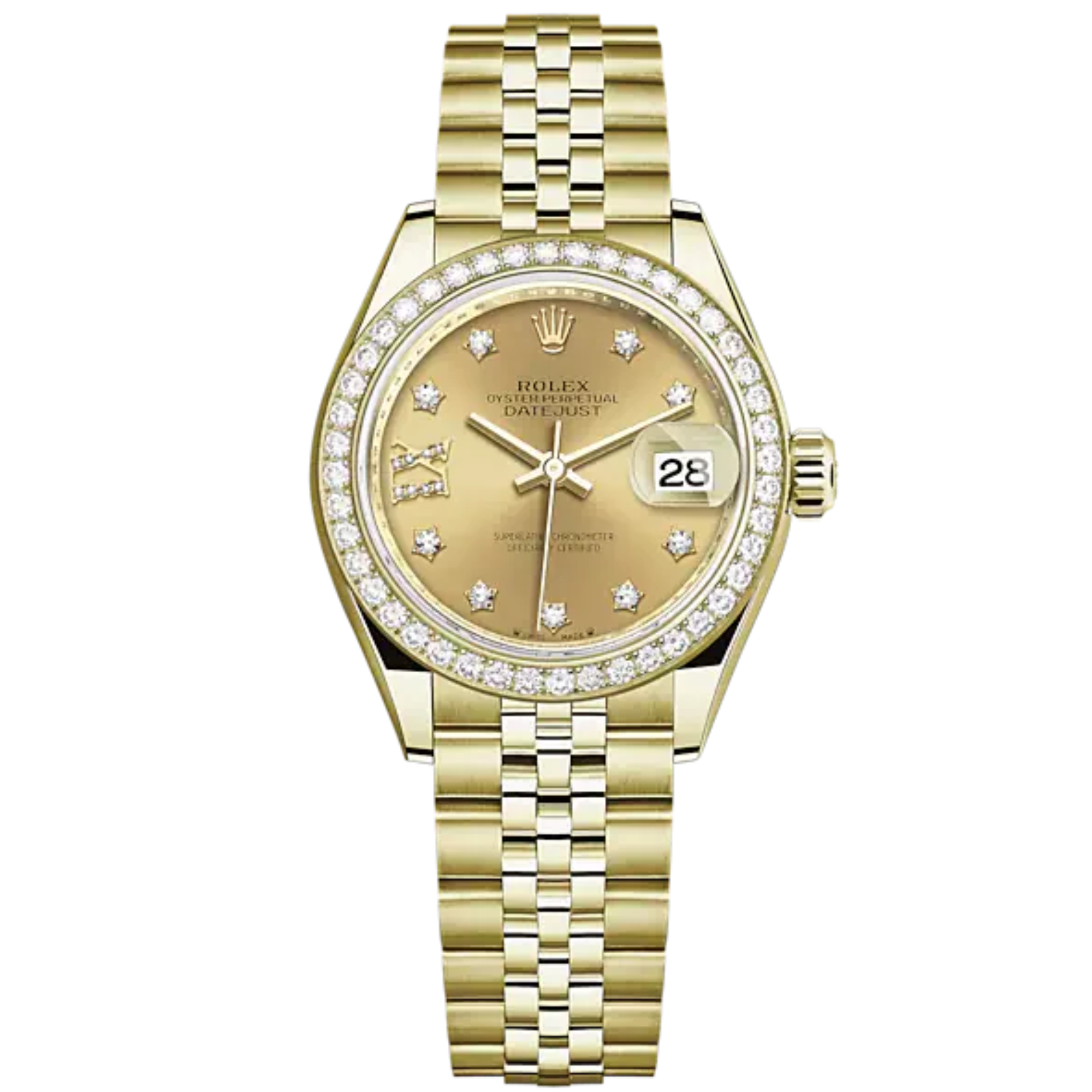 Lady-DateJust 28mm Jubilee Bracelet and 18 KT Yellow Gold with Champagne-Colour Dial Diamond-Set Dial Diamond-Set Bezel - Rolex