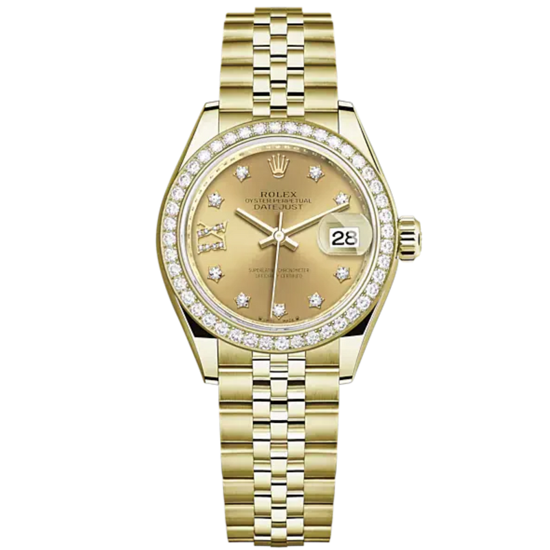 Lady-DateJust 28mm Jubilee Bracelet and 18 KT Yellow Gold with Champagne-Colour Dial Diamond-Set Dial Diamond-Set Bezel - Rolex