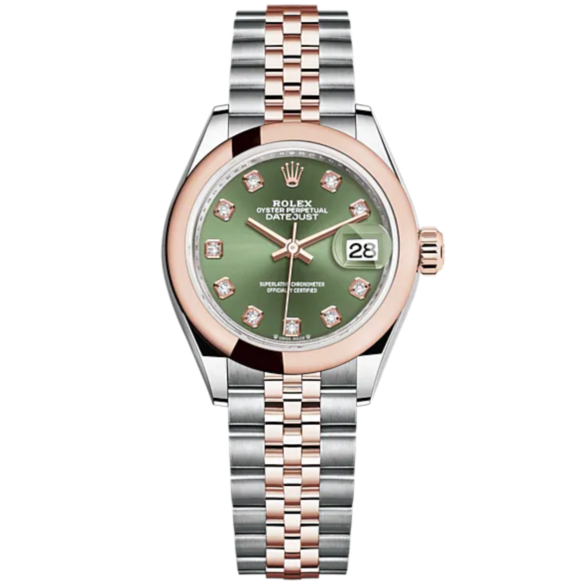 Lady-DateJust 28mm Oystersteel Jubilee Bracelet and Everose Gold with Olive-Green Dial Diamond-Set Dial Domed Bezel - Rolex