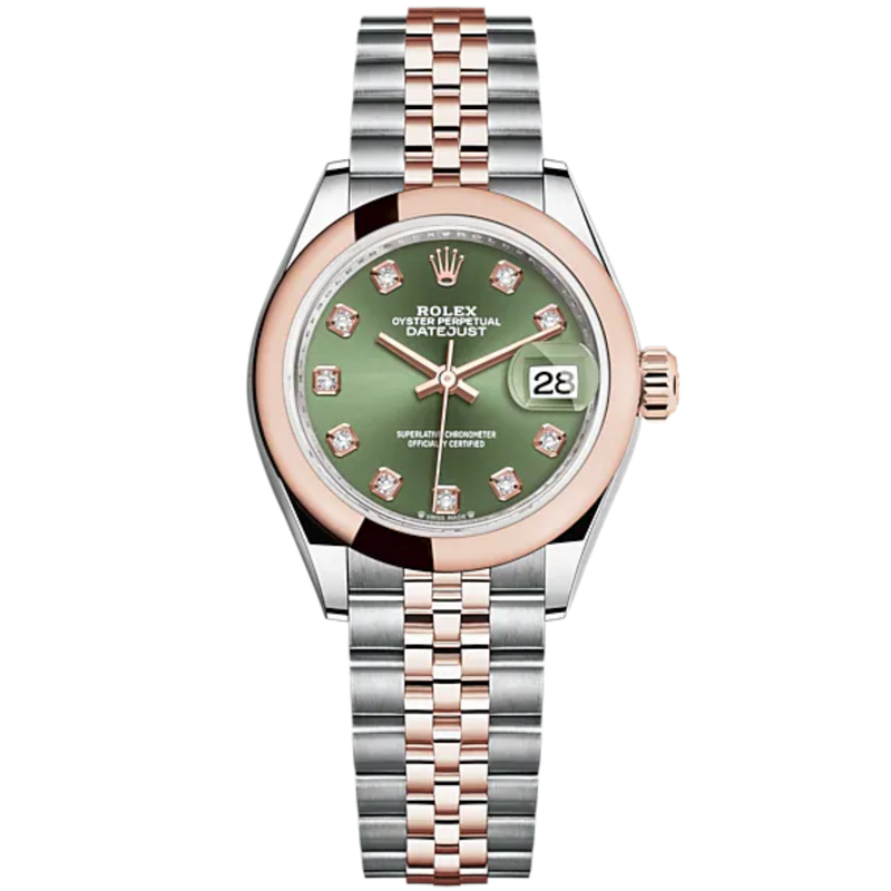Lady-DateJust 28mm Oystersteel Jubilee Bracelet and Everose Gold with Olive-Green Dial Diamond-Set Dial Domed Bezel - Rolex