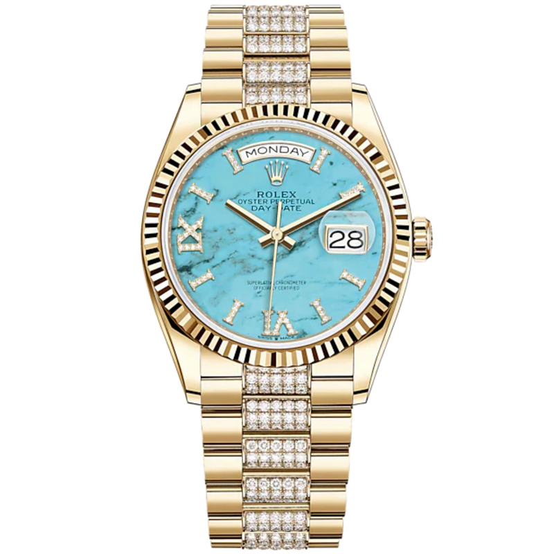 Day-Date 36 36mm Diamond-Set President Bracelet and 18 KT Yellow Gold with Turquoise Dial Fluted Bezel - Rolex