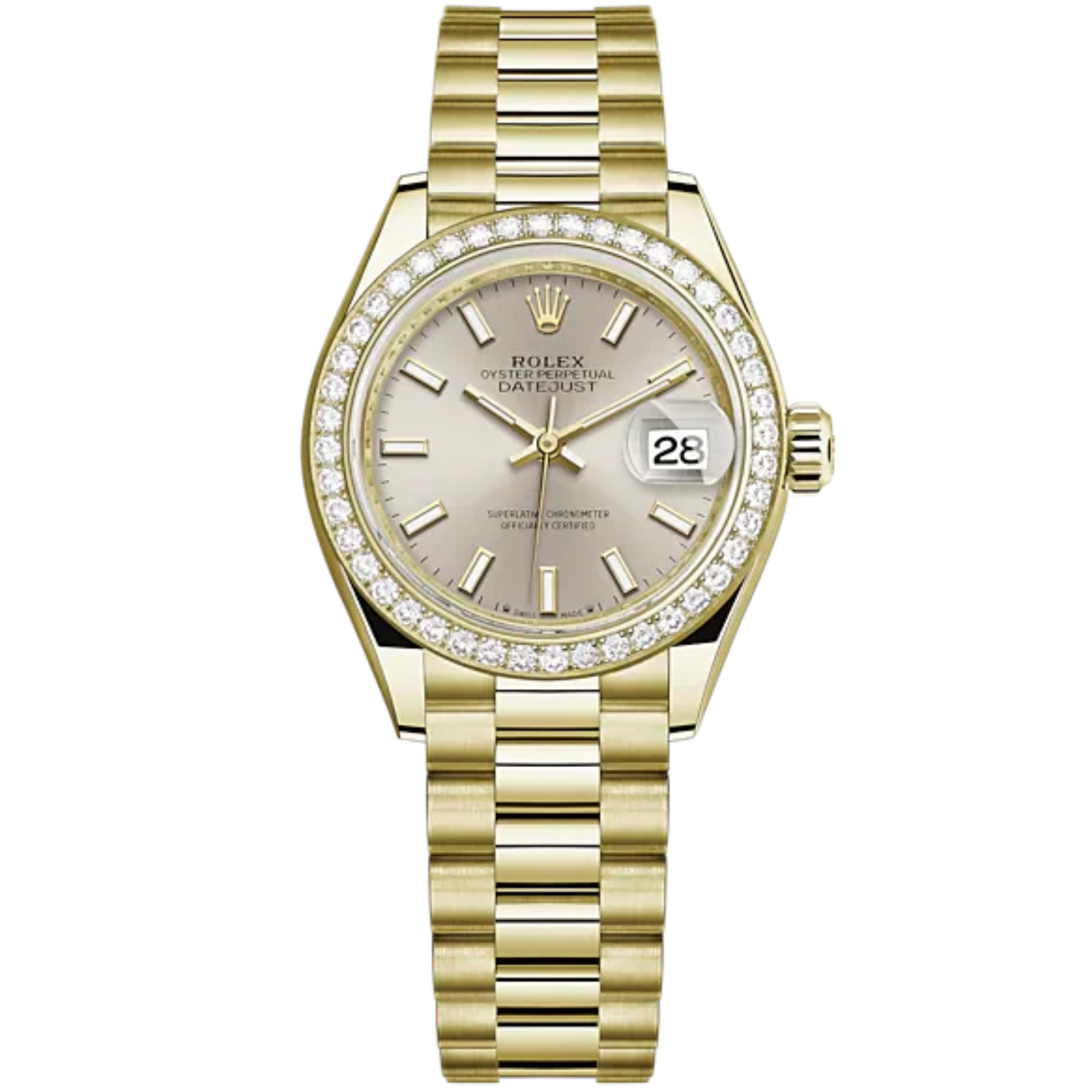 Lady-DateJust 28mm President Bracelet and 18 KT Yellow Gold with Silver Dial Diamond-Set Bezel - Rolex