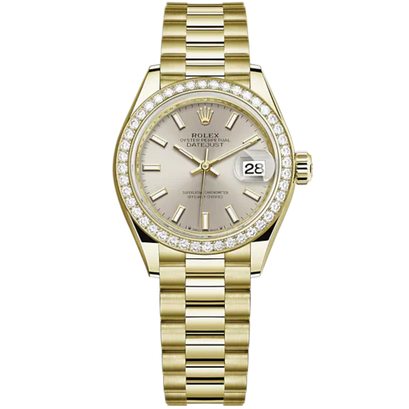 Lady-DateJust 28mm President Bracelet and 18 KT Yellow Gold with Silver Dial Diamond-Set Bezel - Rolex