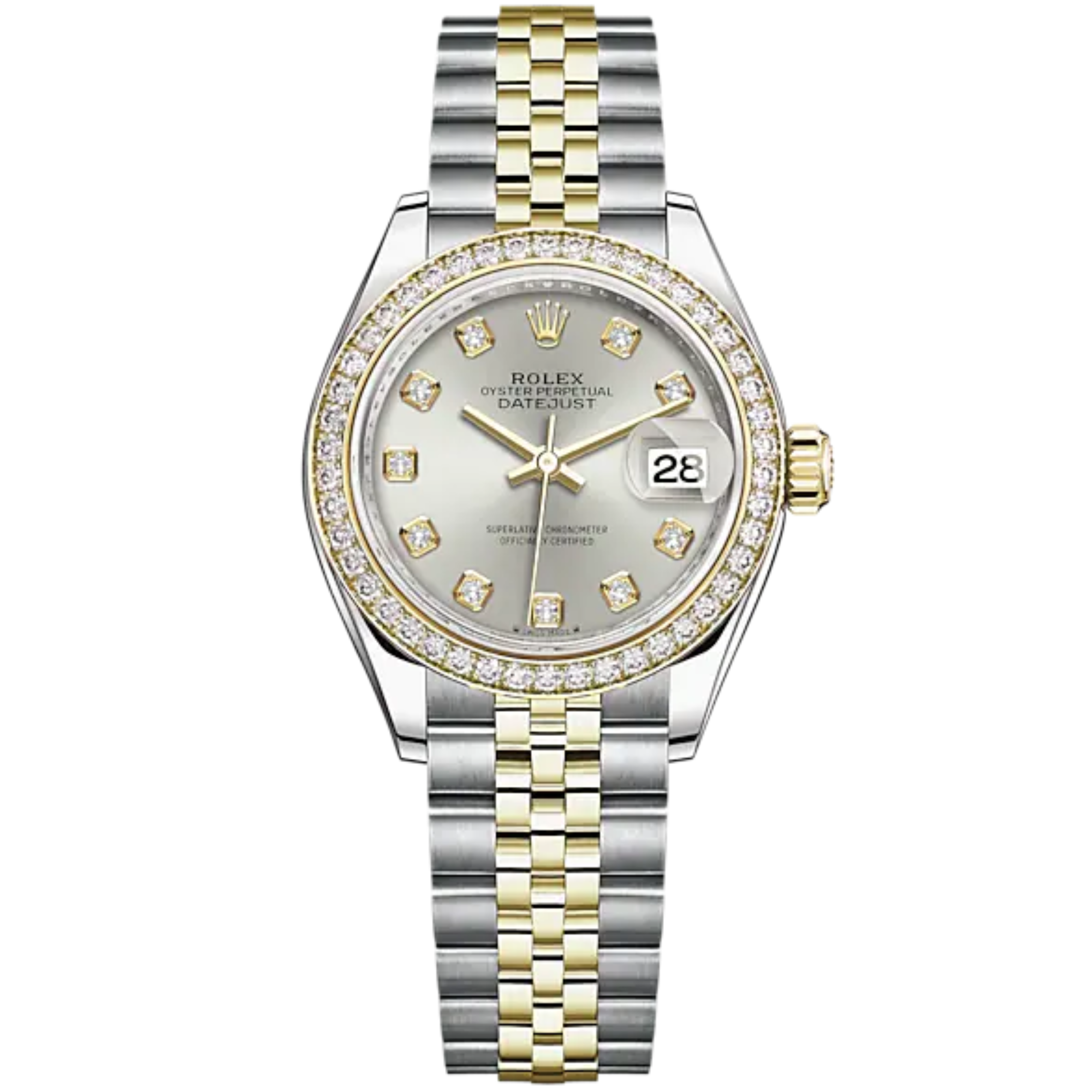 Lady-DateJust 28mm Oystersteel Jubilee Bracelet and Yellow Gold with Silver Dial Diamond-Set Dial Diamond-Set Bezel - Rolex