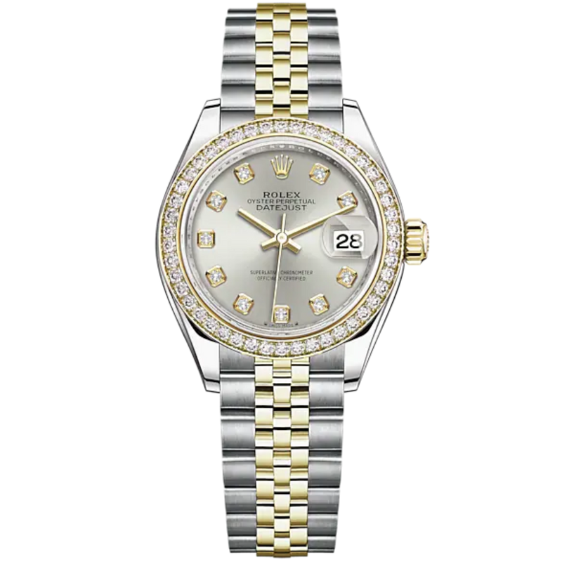 Lady-DateJust 28mm Oystersteel Jubilee Bracelet and Yellow Gold with Silver Dial Diamond-Set Dial Diamond-Set Bezel - Rolex