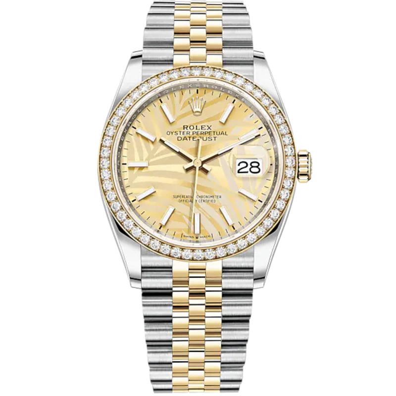 Datejust 36 36mm Oystersteel Jubilee Bracelet and Yellow Gold Golden Palm-Motif Dial Diamond-Set Bezel - Rolex