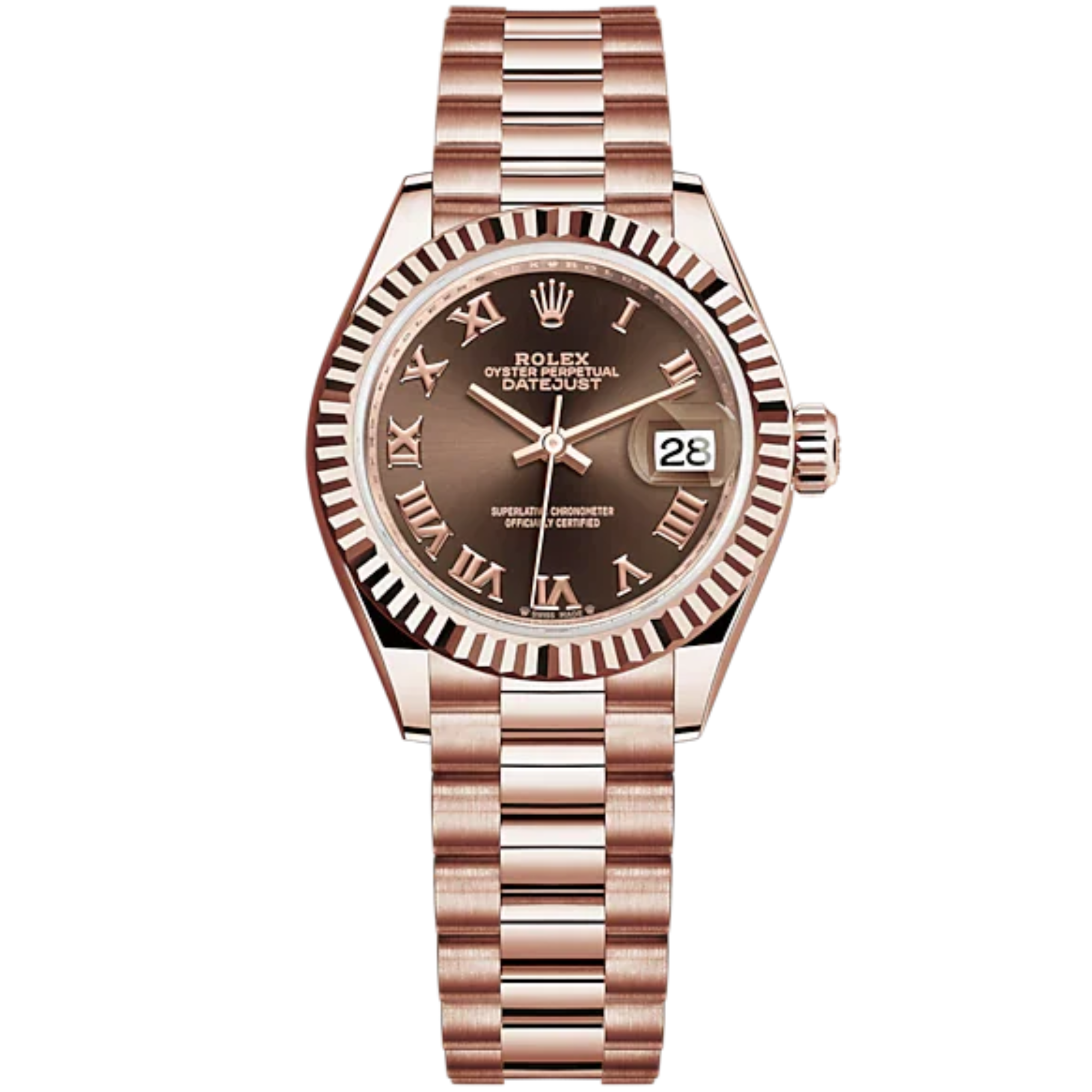 Lady-DateJust 28mm President Bracelet and 18 KT Everose Gold with Chocolate Roman Dial Fluted Bezel - Rolex