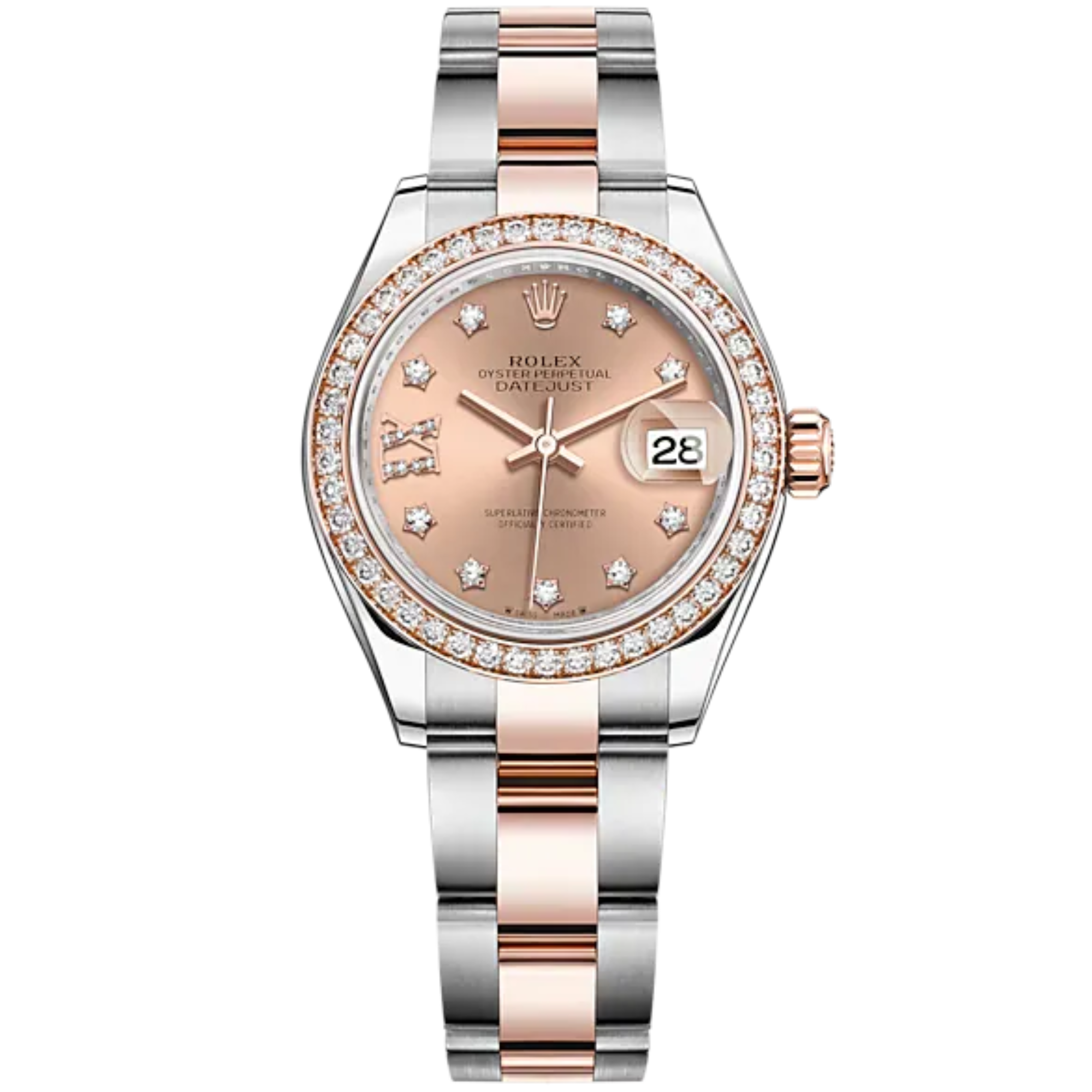 Lady-DateJust 28mm Oyster Oystersteel Bracelet and Everose Gold with Rosé-Colour Dial Diamond-Set Dial Diamond-Set Bezel - Rolex
