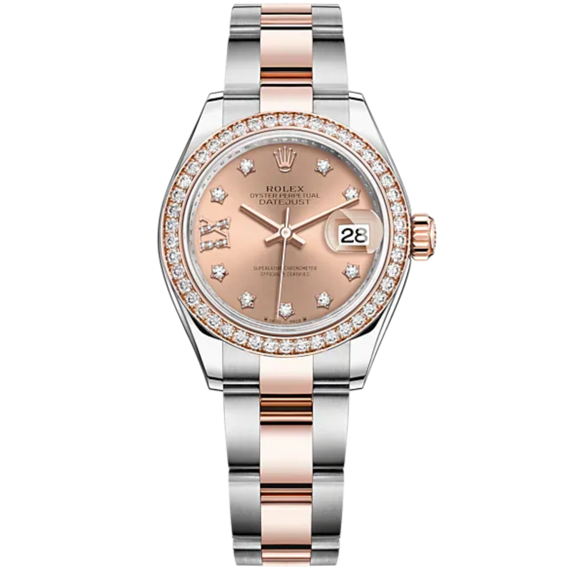 Lady-DateJust 28mm Oyster Oystersteel Bracelet and Everose Gold with Rosé-Colour Dial Diamond-Set Dial Diamond-Set Bezel - Rolex