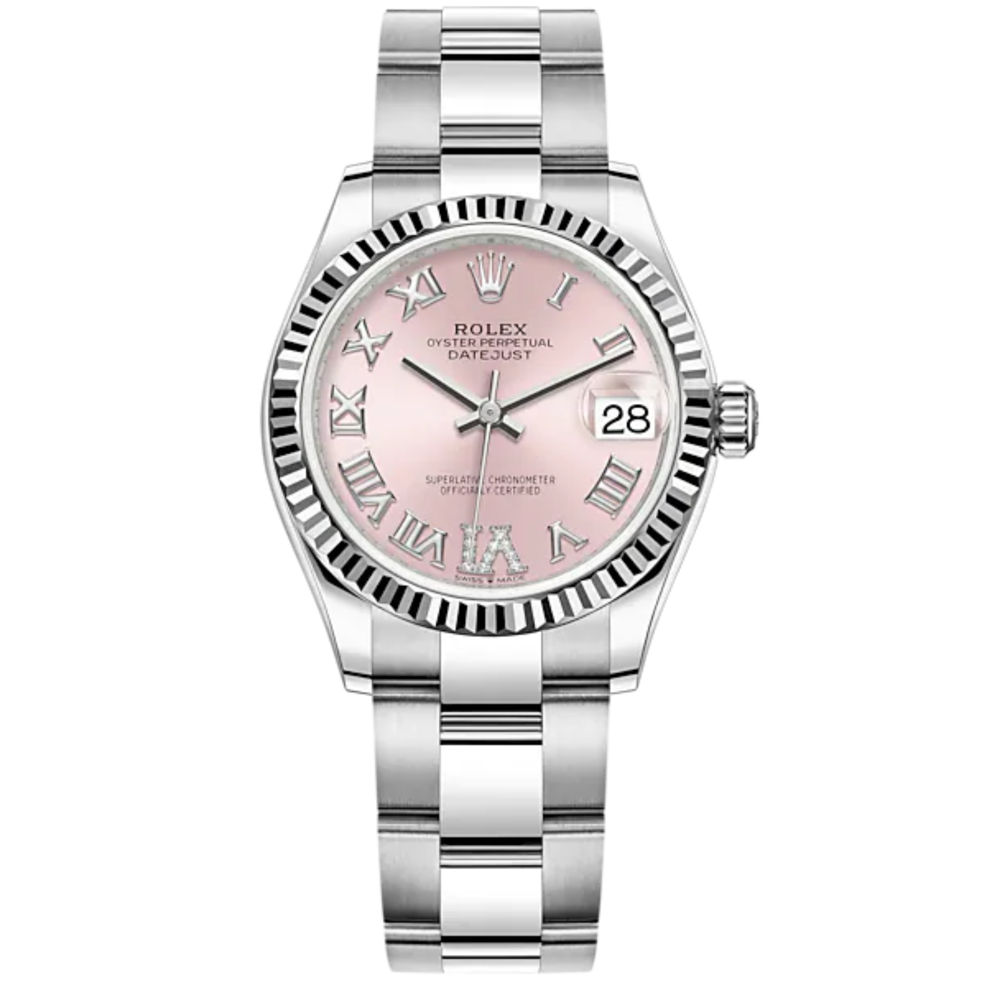 Datejust 31 31mm Oyster Bracelet Oystersteel and White Gold with Pink Dial Fluted Bezel - Rolex