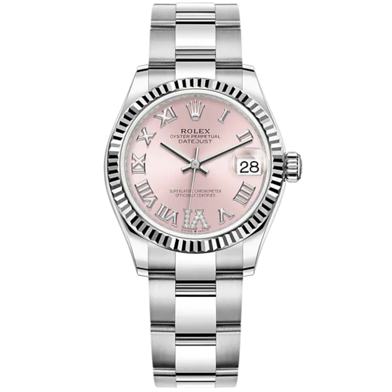 Datejust 31 31mm Oyster Bracelet Oystersteel and White Gold with Pink Dial Fluted Bezel - Rolex