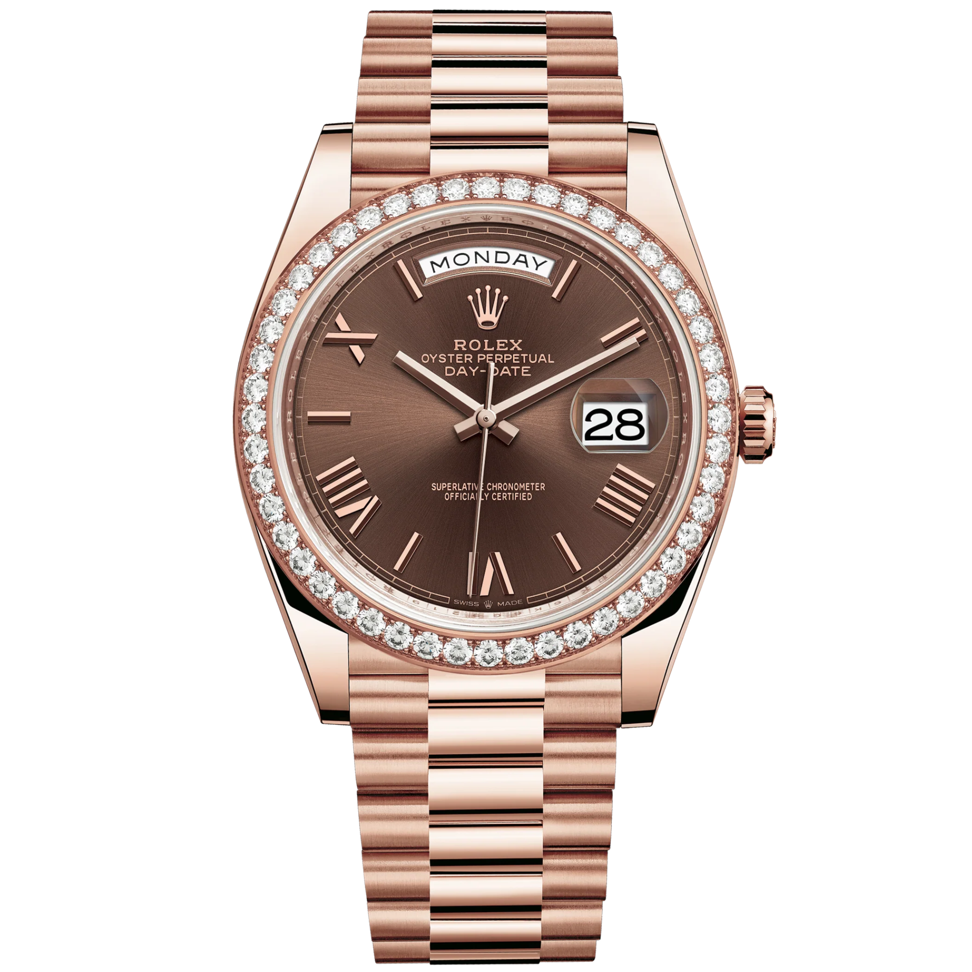 Day-Date 40 40mm President Bracelet and 18 KT Everose Gold with Chocolate Dial and Diamond-Set Bezel - Rolex