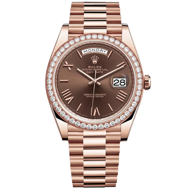 Day-Date 40 40mm President Bracelet and 18 KT Everose Gold with Chocolate Dial and Diamond-Set Bezel - Rolex