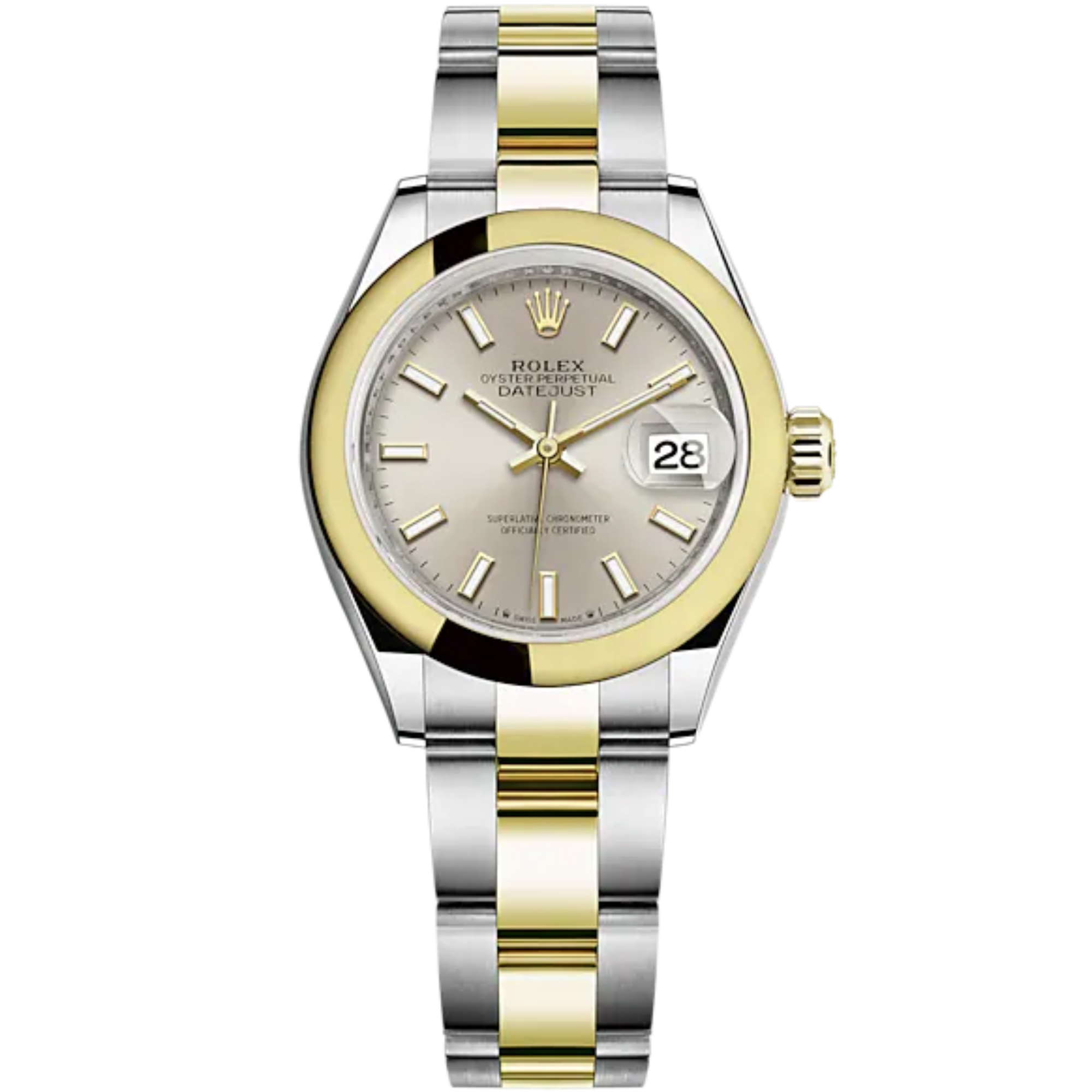 Lady-DateJust 28mm Oyster Oystersteel Bracelet and Yellow Gold with Silver Dial Domed Bezel - Rolex
