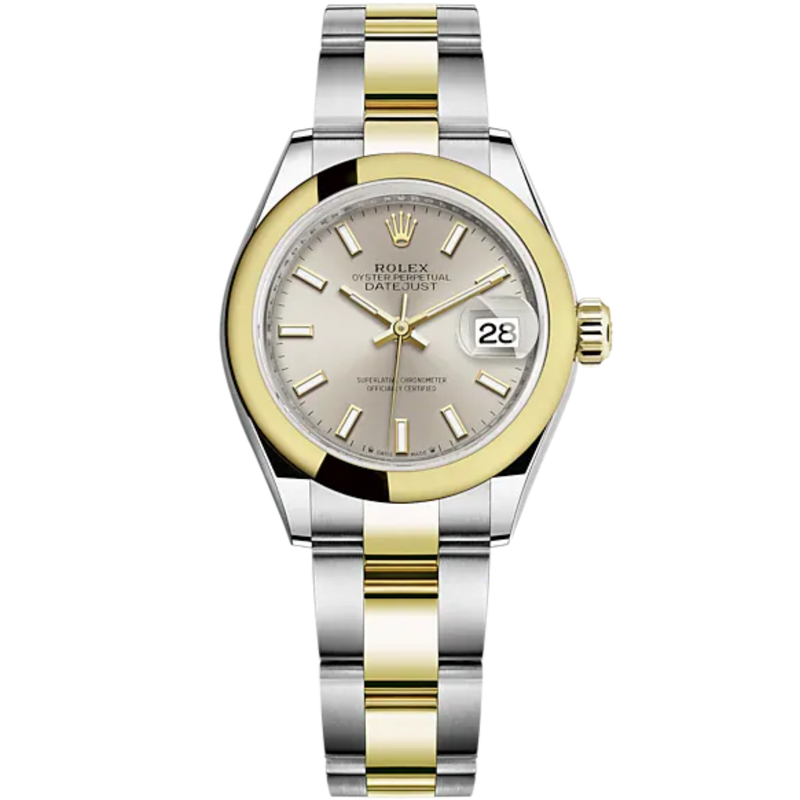 Lady-DateJust 28mm Oyster Oystersteel Bracelet and Yellow Gold with Silver Dial Domed Bezel - Rolex