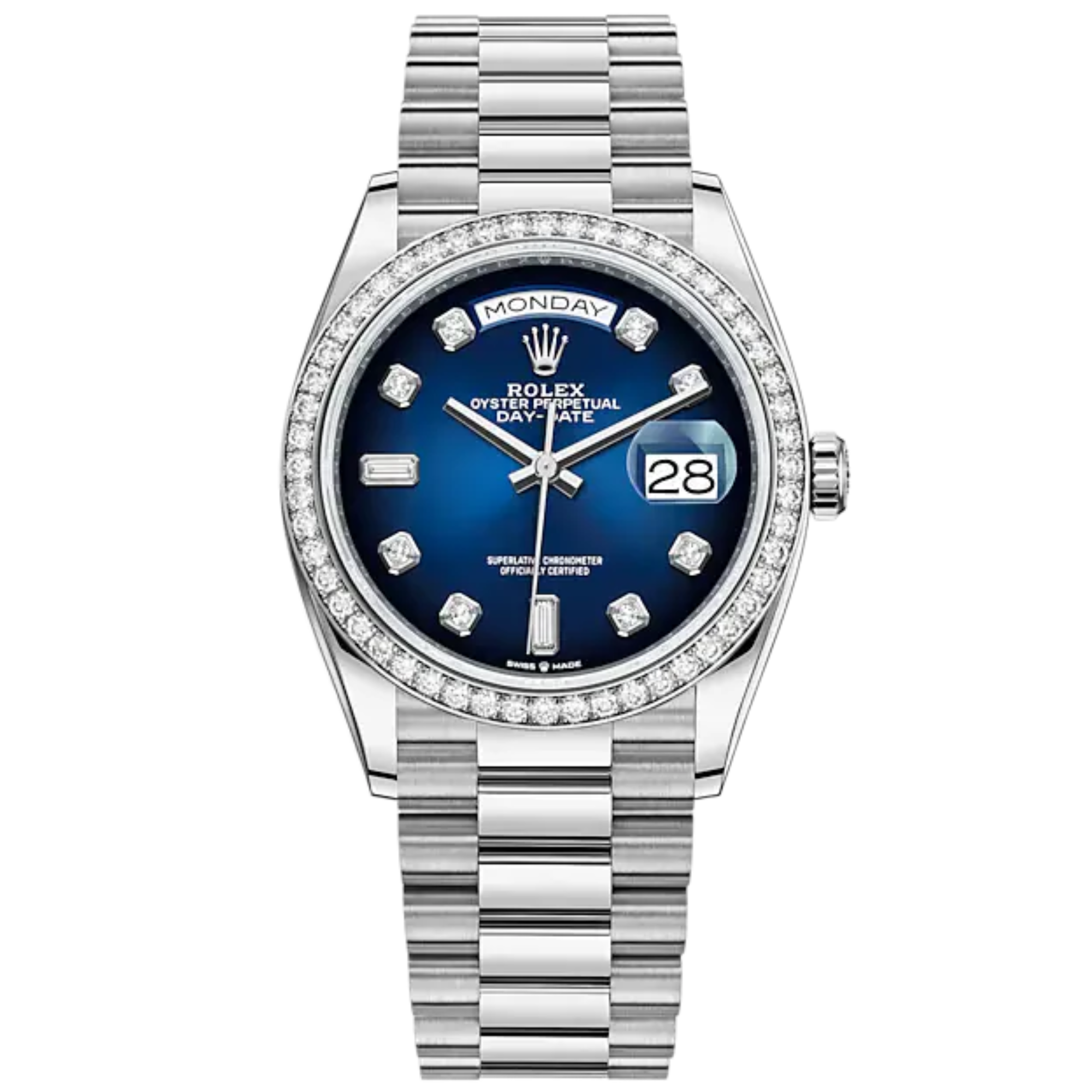 Day-Date 36 36mm President Bracelet and 18 KT White Gold with Blue Ombré Dial Diamond-Set Dial Diamond-Set Bezel - Rolex