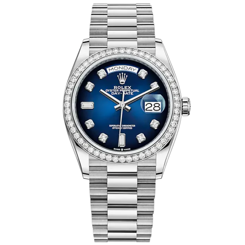 Day-Date 36 36mm President Bracelet and 18 KT White Gold with Blue Ombré Dial Diamond-Set Dial Diamond-Set Bezel - Rolex