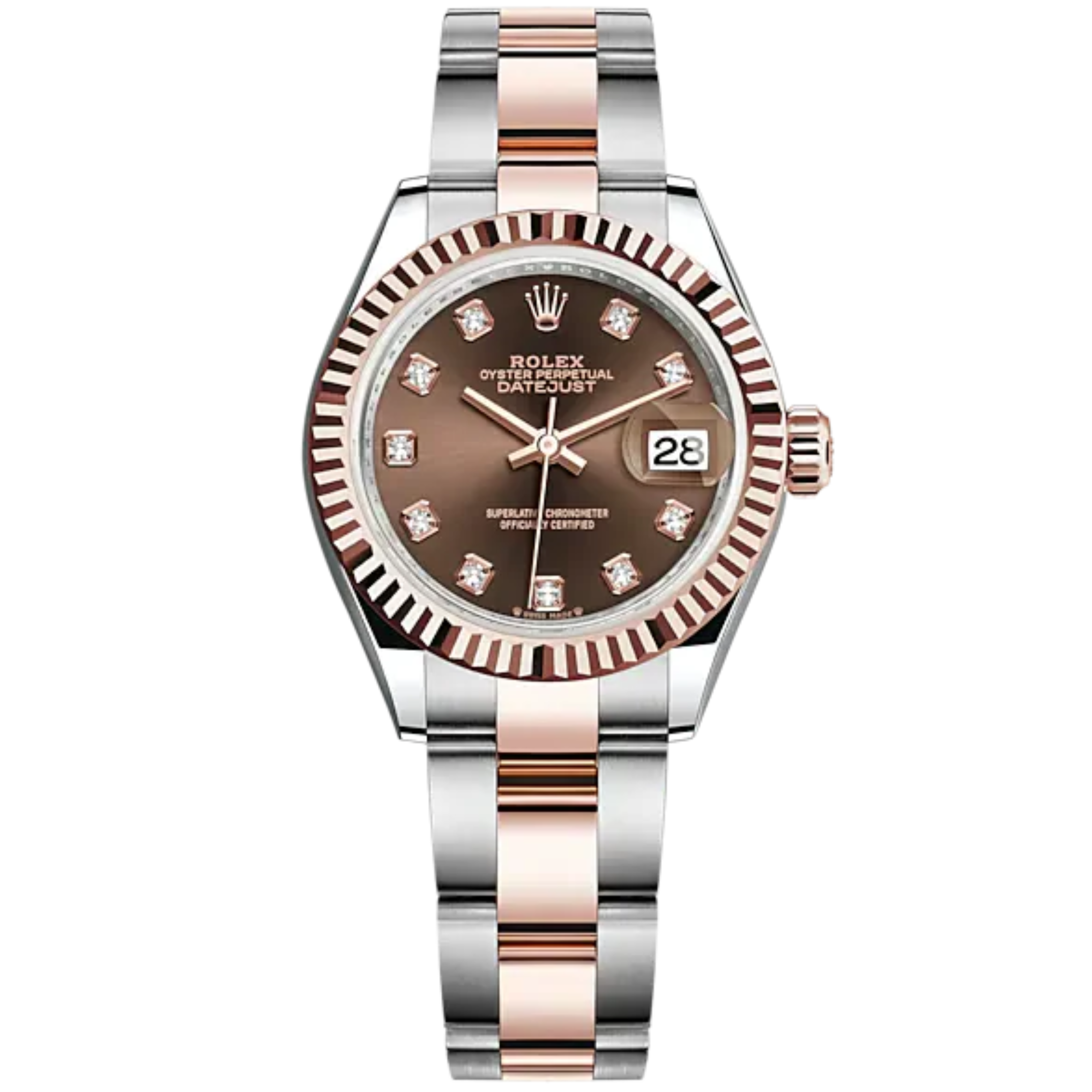 Lady-DateJust 28mm Oyster Oystersteel Bracelet and Everose Gold with Chocolate Dial Diamond-Set Dial Fluted Bezel - Rolex
