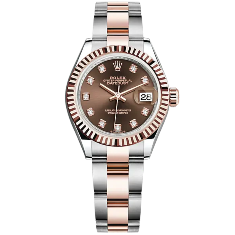 Lady-DateJust 28mm Oyster Oystersteel Bracelet and Everose Gold with Chocolate Dial Diamond-Set Dial Fluted Bezel - Rolex