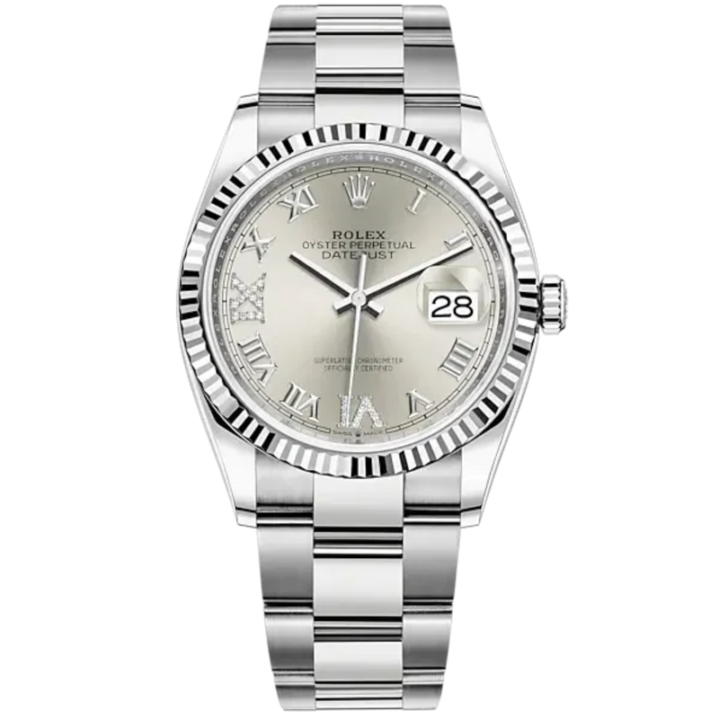 Rolex Datejust Ref. 126234 36mm Oyster Bracelet and White Gold with Silver Roman Dial Fluted Bezel - Rolex
