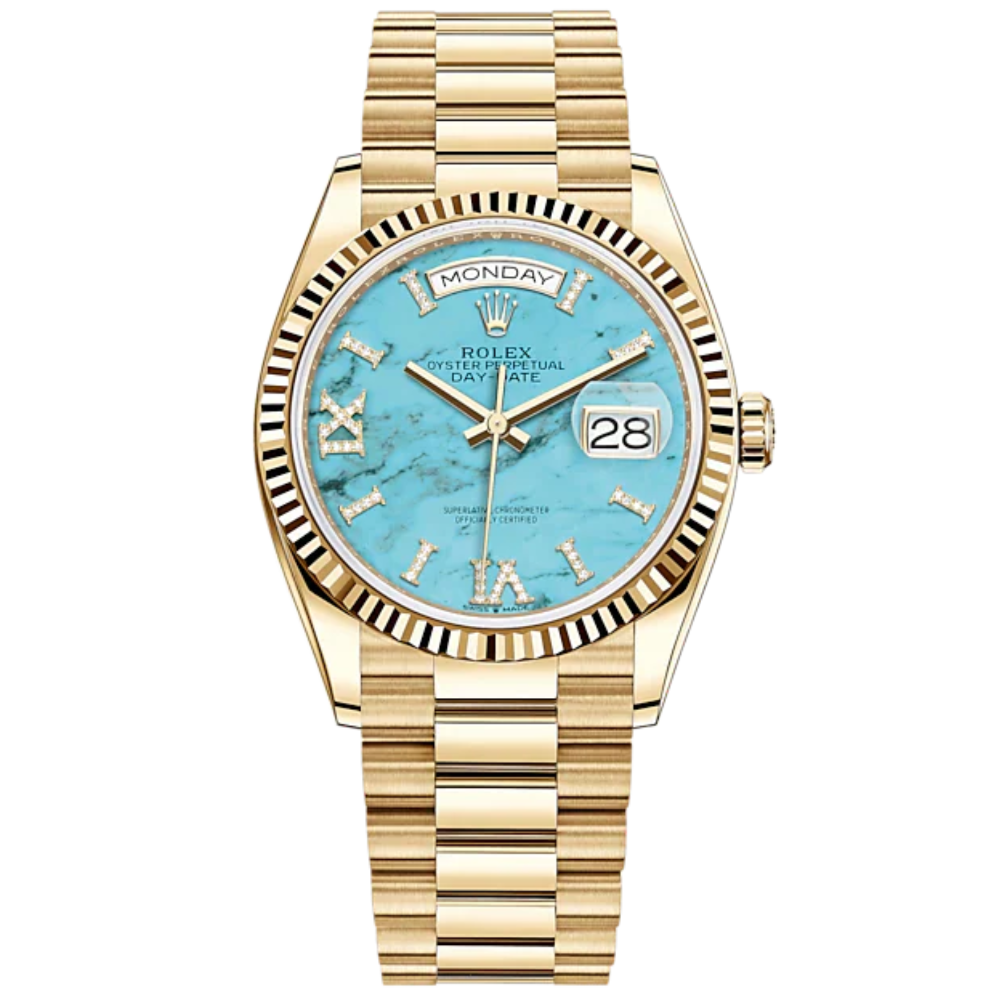 Day-Date 36 36mm President Bracelet and 18 KT Yellow Gold with Turquoise Dial Fluted Bezel - Rolex