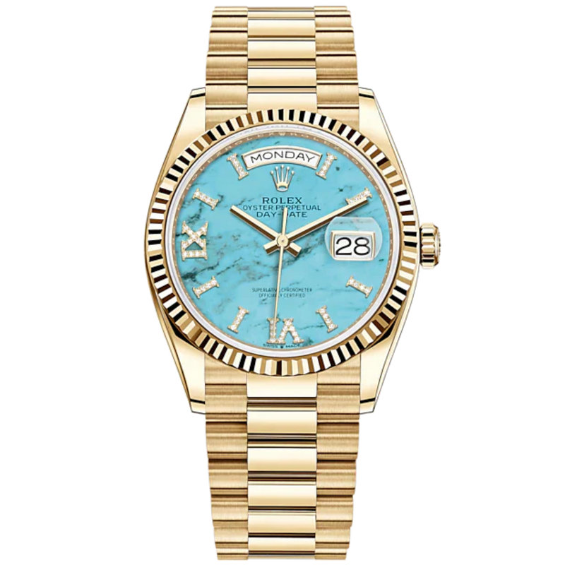 Day-Date 36 36mm President Bracelet and 18 KT Yellow Gold with Turquoise Dial Fluted Bezel - Rolex