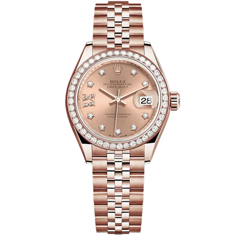 Lady-DateJust 28mm Jubilee Bracelet and 18 KT Everose Gold with Rosé-Colour Dial Diamond-Set Dial Diamond-Set Bezel - Rolex