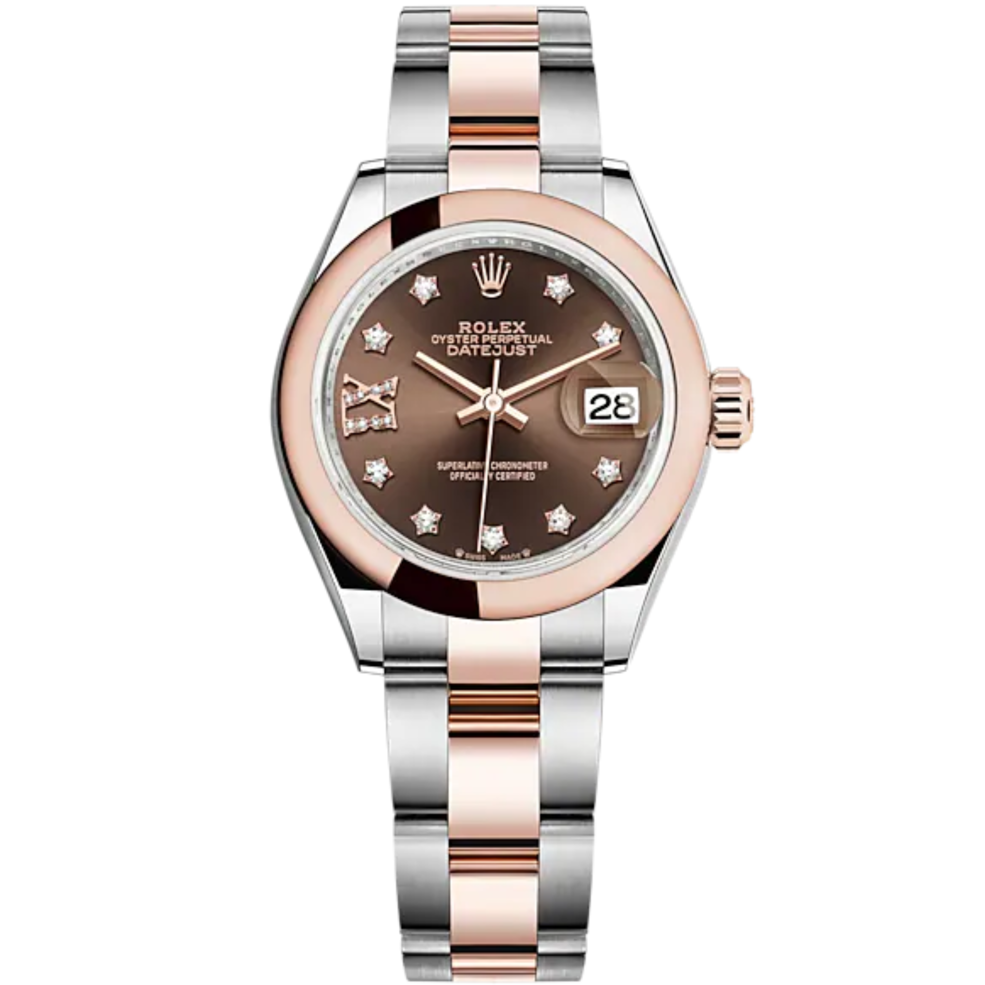 Lady-DateJust 28mm Oyster Oystersteel Bracelet and Everose Gold with Chocolate Dial Diamond-Set Dial Domed Bezel - Rolex