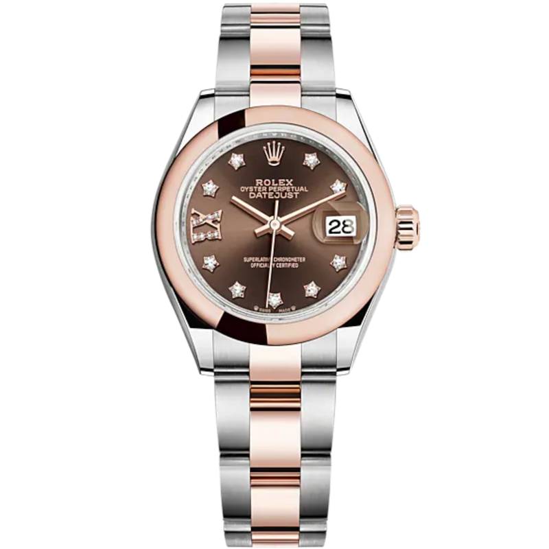 Lady-DateJust 28mm Oyster Oystersteel Bracelet and Everose Gold with Chocolate Dial Diamond-Set Dial Domed Bezel - Rolex