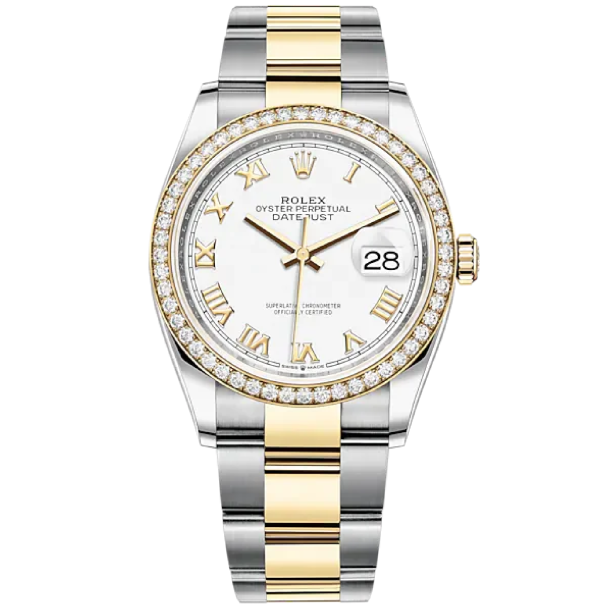 Datejust 36 36mm Oyster Bracelet Oystersteel and Yellow Gold with White Roman Dial Diamond-Set Bezel - Rolex