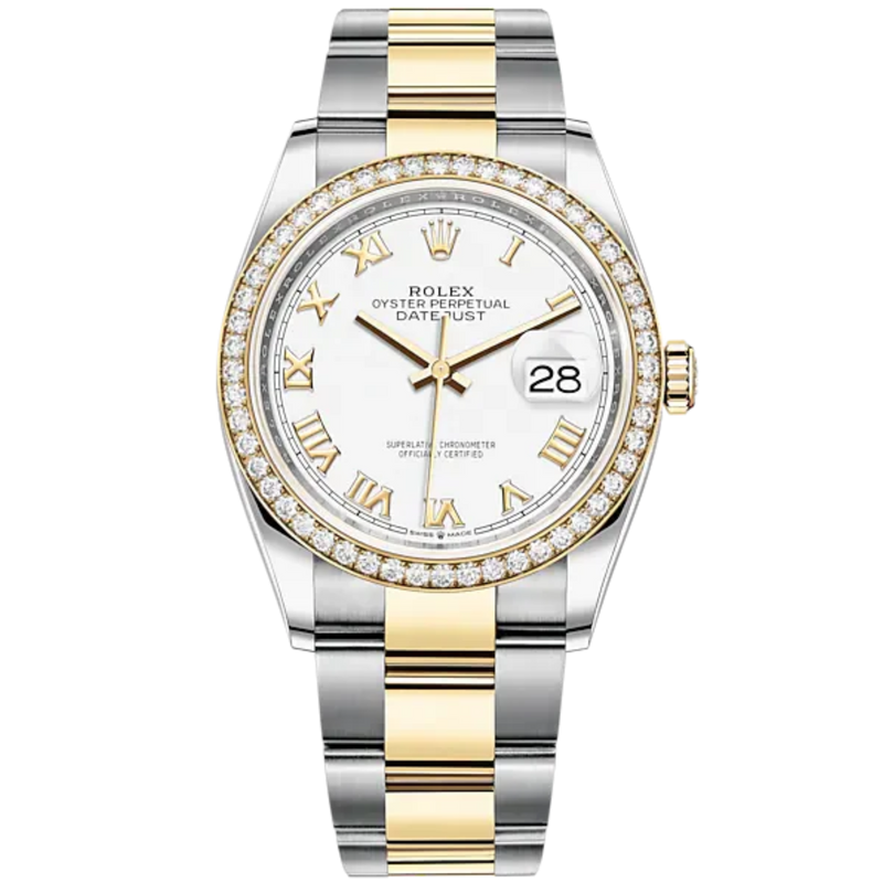 Datejust 36 36mm Oyster Bracelet Oystersteel and Yellow Gold with White Roman Dial Diamond-Set Bezel - Rolex