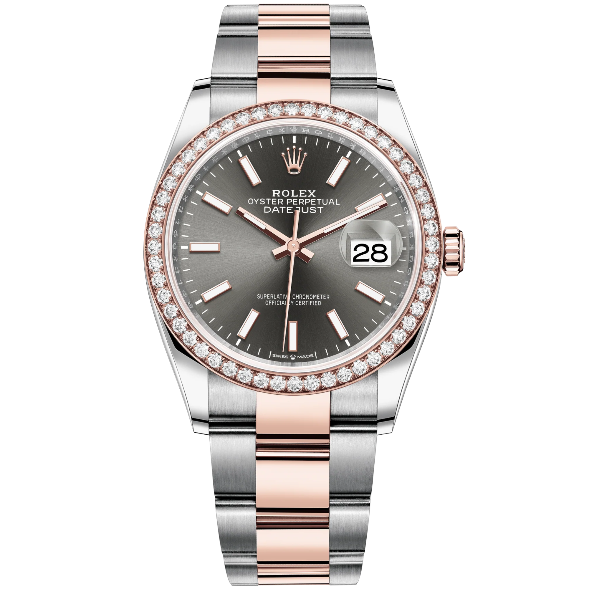 Datejust 36 36mm Oyster Bracelet Oystersteel and Everose Gold with Slate Dial Diamond-Set Bezel - Rolex