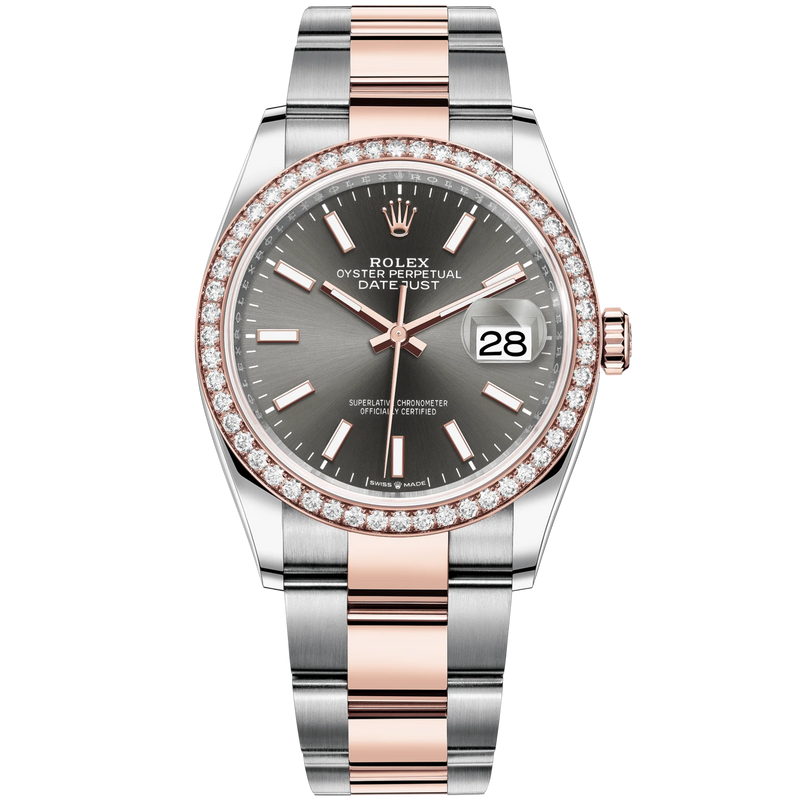 Datejust 36 36mm Oyster Bracelet Oystersteel and Everose Gold with Slate Dial Diamond-Set Bezel - Rolex