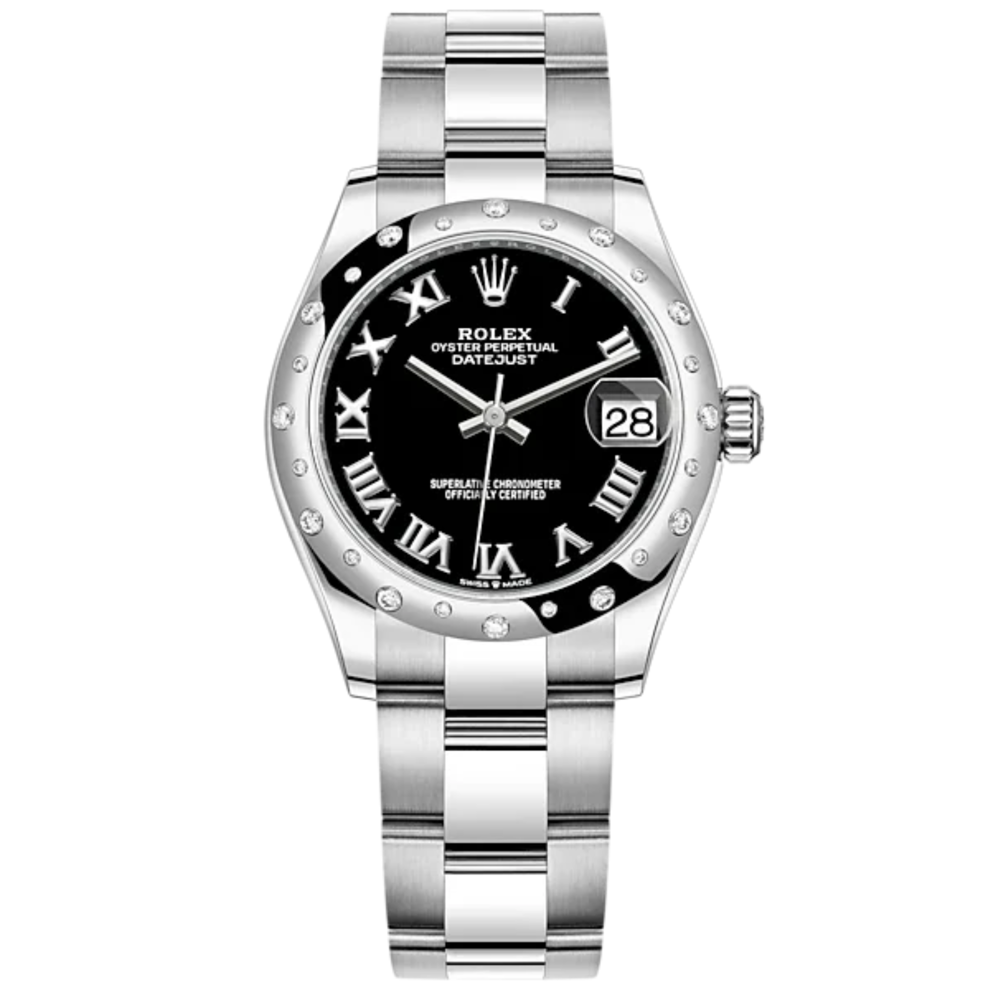 Datejust 31 31mm Oyster Bracelet Oystersteel and White Gold with Bright Black Dial Diamond-Set Bezel - Rolex