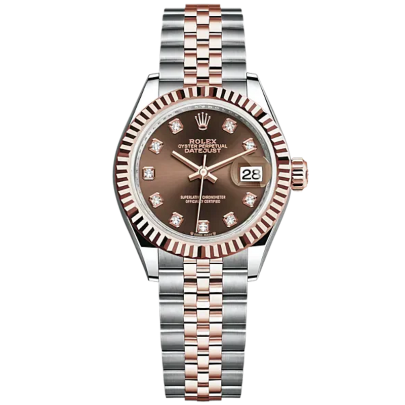 Lady-DateJust 28mm Oystersteel Jubilee Bracelet and Everose Gold with Chocolate Dial Diamond-Set Dial Fluted Bezel - Rolex