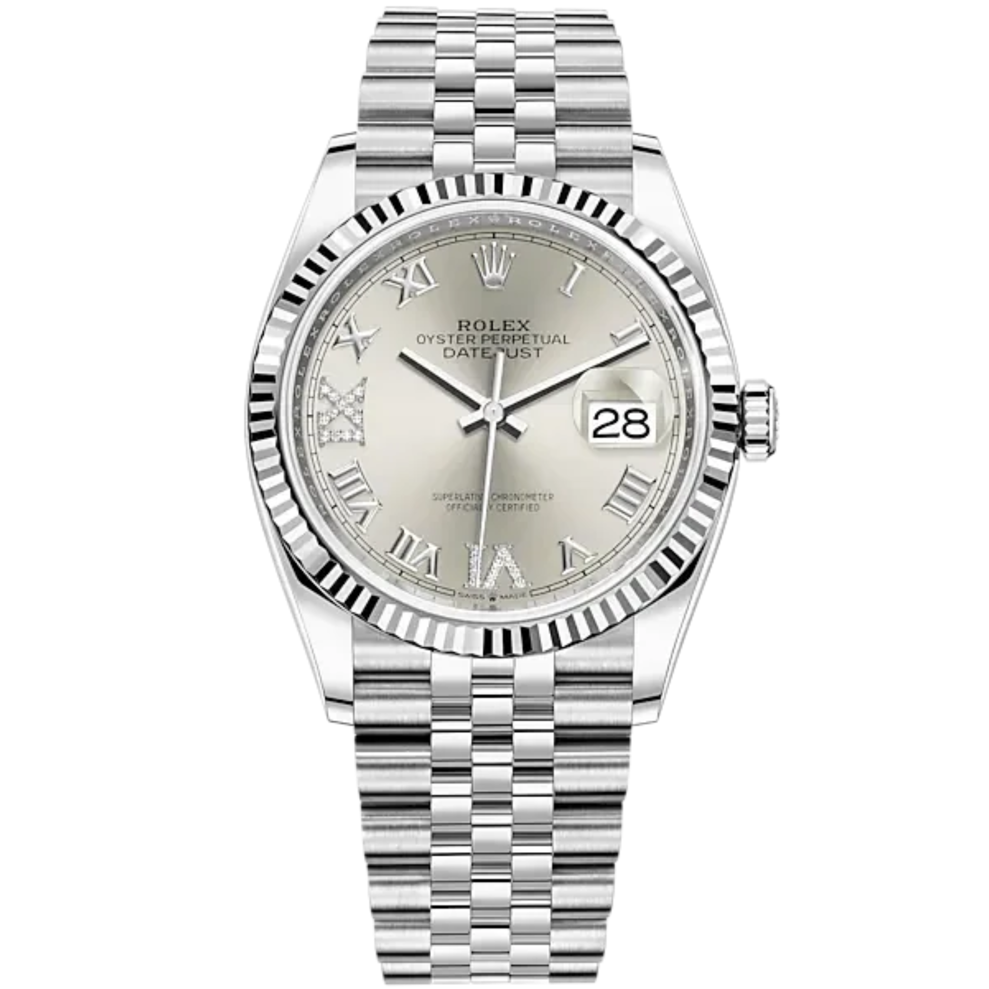 Rolex Datejust Ref. 126234 36mm Jubilee Bracelet and White Gold with Silver Roman Dial Fluted Bezel - Rolex